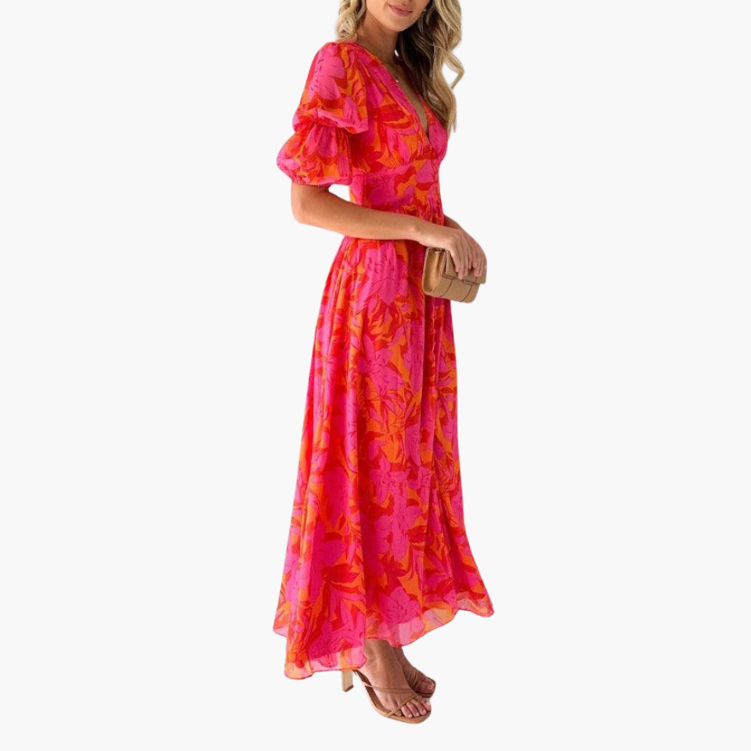 Damen Maxikleid V-Ausschnitt Puffärmel fließend – romantisch für Hochzeit & Gartenparty | Tina