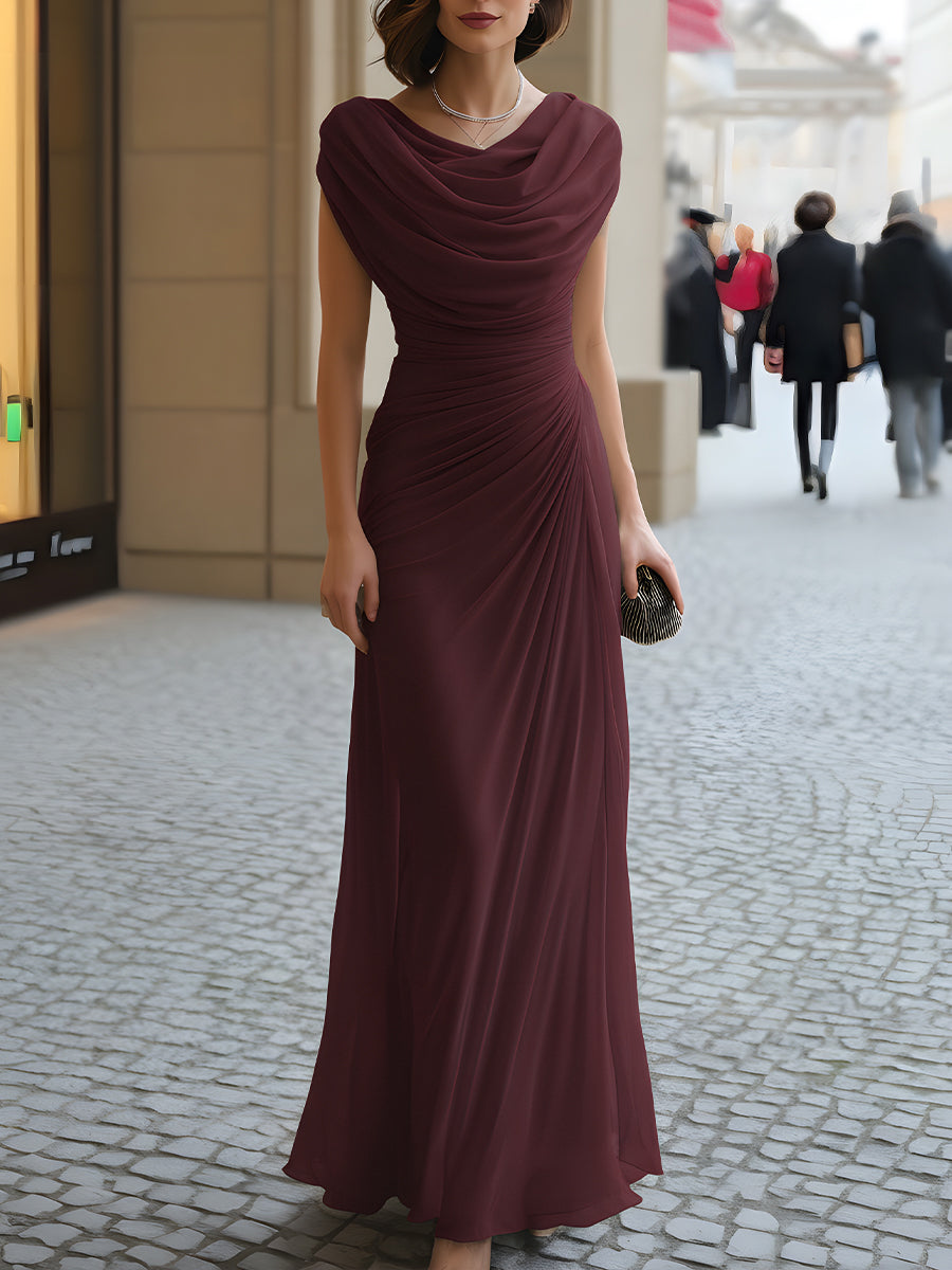 Women's Draped Cowl-Neck Maxi Dress – Flowing Silhouette with Ruched Waist | Allegra