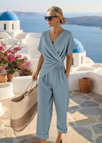 Women's Wrap Top & Cropped Trousers Two-Piece Set – Effortless Elegant Look | Eva