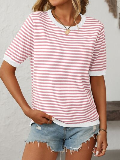 Damen T-Shirt Kurzarm Streifen Strick Rundhals – lässig & vielseitig kombinierbar | Anna