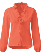 Damen Bluse Langarm V-Ausschnitt mit Rüschen – feminin für Büro & Abend | Lila
