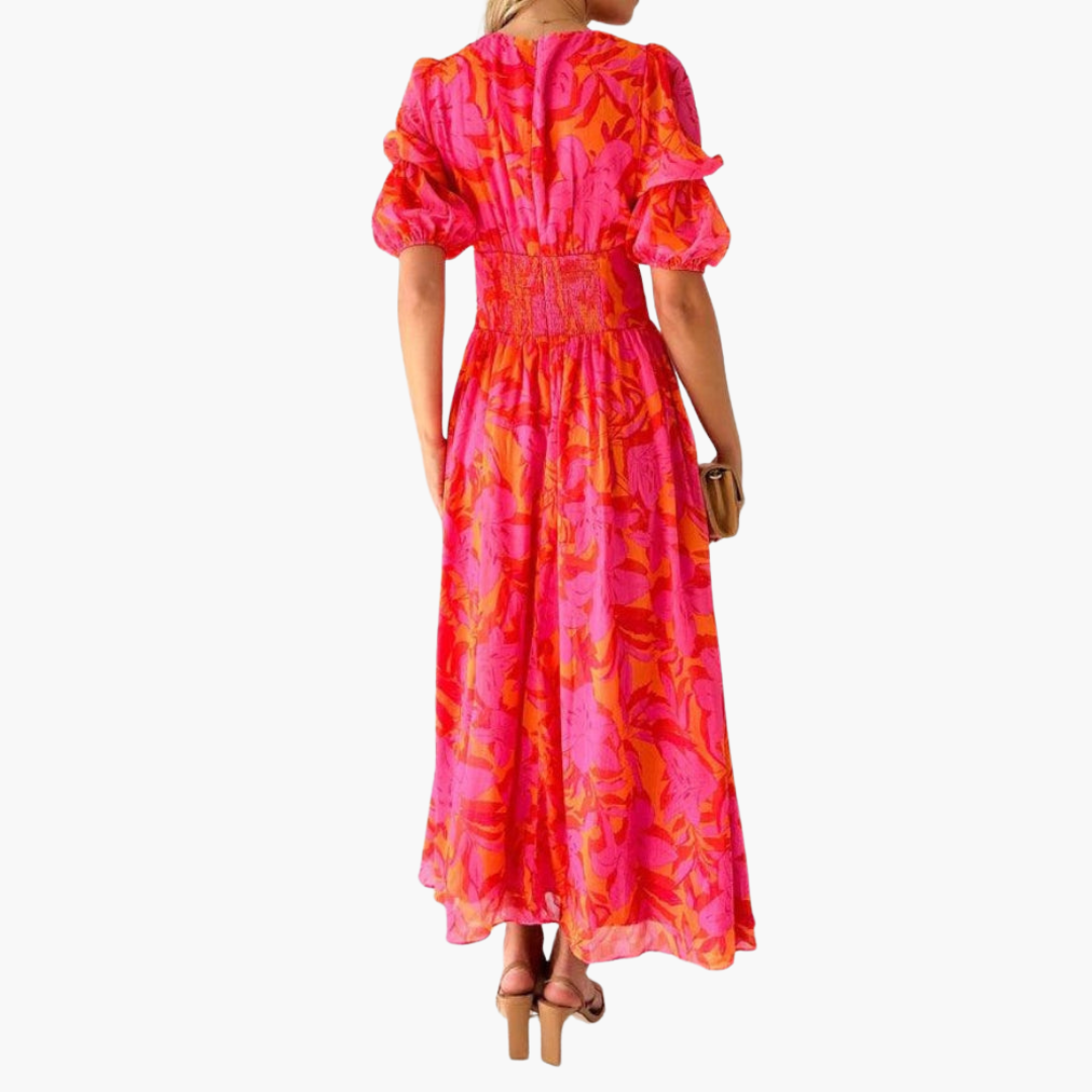 Damen Maxikleid V-Ausschnitt Puffärmel fließend – romantisch für Hochzeit & Gartenparty | Tina