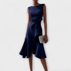 Damen Midikleid trägerlos asymmetrisch Drapierung – elegant für Hochzeitsgast und Abend | Reina