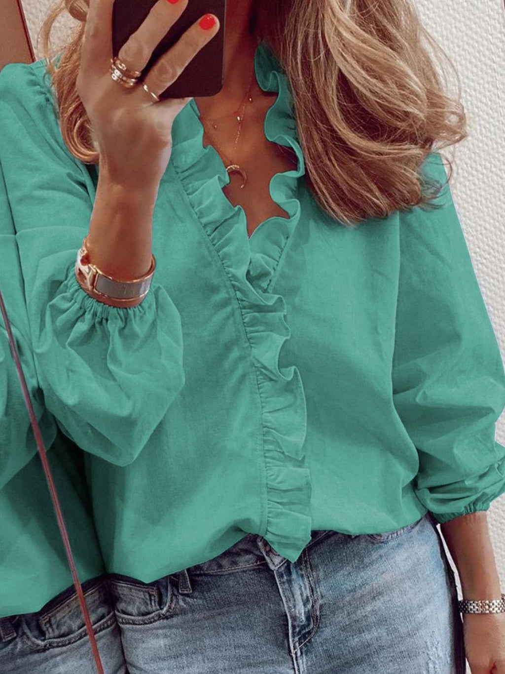 Damen Bluse Langarm V-Ausschnitt mit Rüschen – feminin für Büro & Abend | Lila