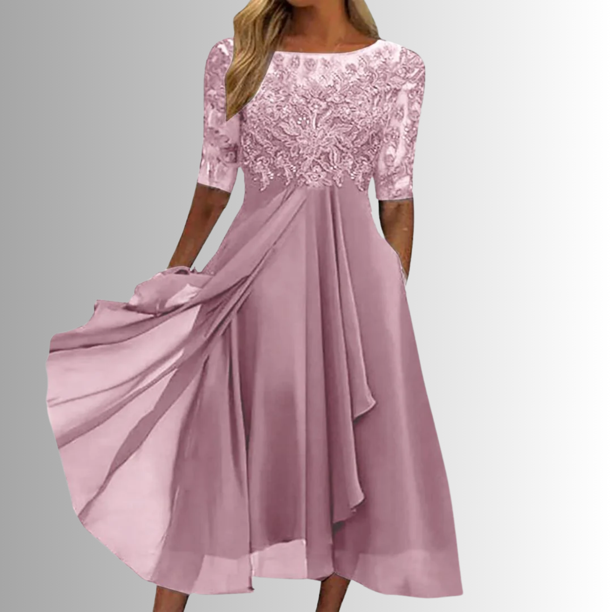 Damen Midikleid Spitzenoberteil mehrlagig fließend – zeitlos festlich für Hochzeiten und Abendveranstaltungen | Elise
