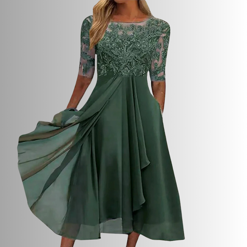 Damen Midikleid Spitzenoberteil mehrlagig fließend – zeitlos festlich für Hochzeiten und Abendveranstaltungen | Elise