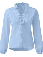 Damen Bluse Langarm V-Ausschnitt mit Rüschen – feminin für Büro & Abend | Lila