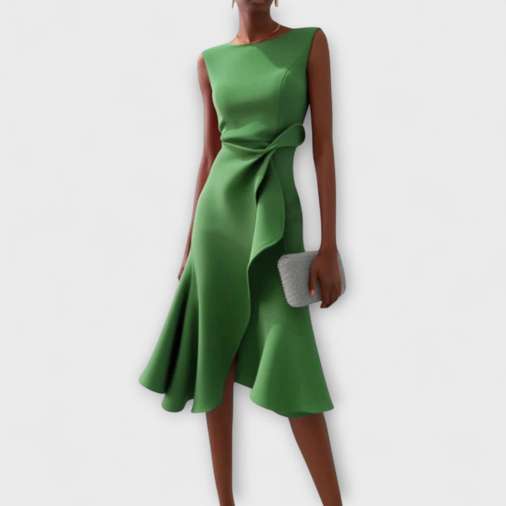 Damen Midikleid trägerlos asymmetrisch Drapierung – elegant für Hochzeitsgast und Abend | Reina