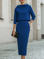 Women's Boat Neck Top and Midi Skirt Set – Three-Quarter Sleeve with Straight Silhouette | Romi