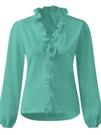 Damen Bluse Langarm V-Ausschnitt mit Rüschen – feminin für Büro & Abend | Lila