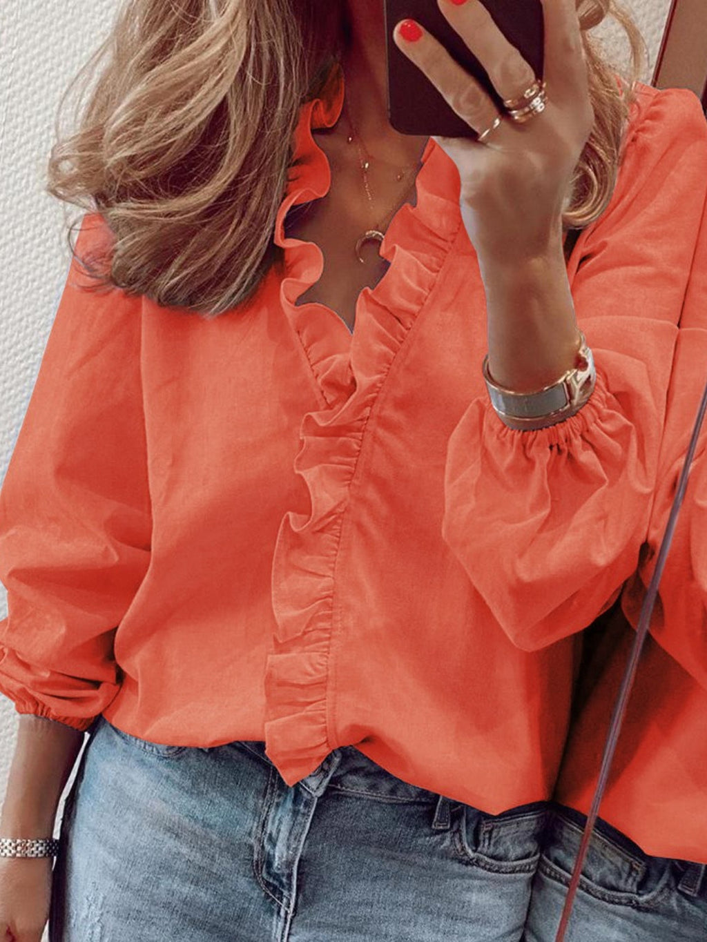 Damen Bluse Langarm V-Ausschnitt mit Rüschen – feminin für Büro & Abend | Lila