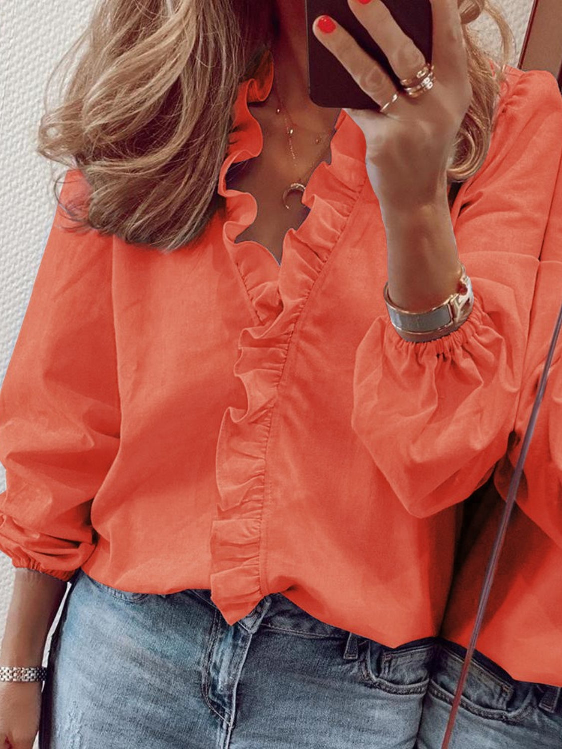 Damen Bluse Langarm V-Ausschnitt mit Rüschen – feminin für Büro & Abend | Lila