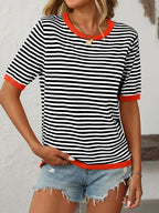 Damen T-Shirt Kurzarm Streifen Strick Rundhals – lässig & vielseitig kombinierbar | Anna