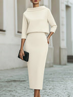 Women's Boat Neck Top and Midi Skirt Set – Three-Quarter Sleeve with Straight Silhouette | Romi