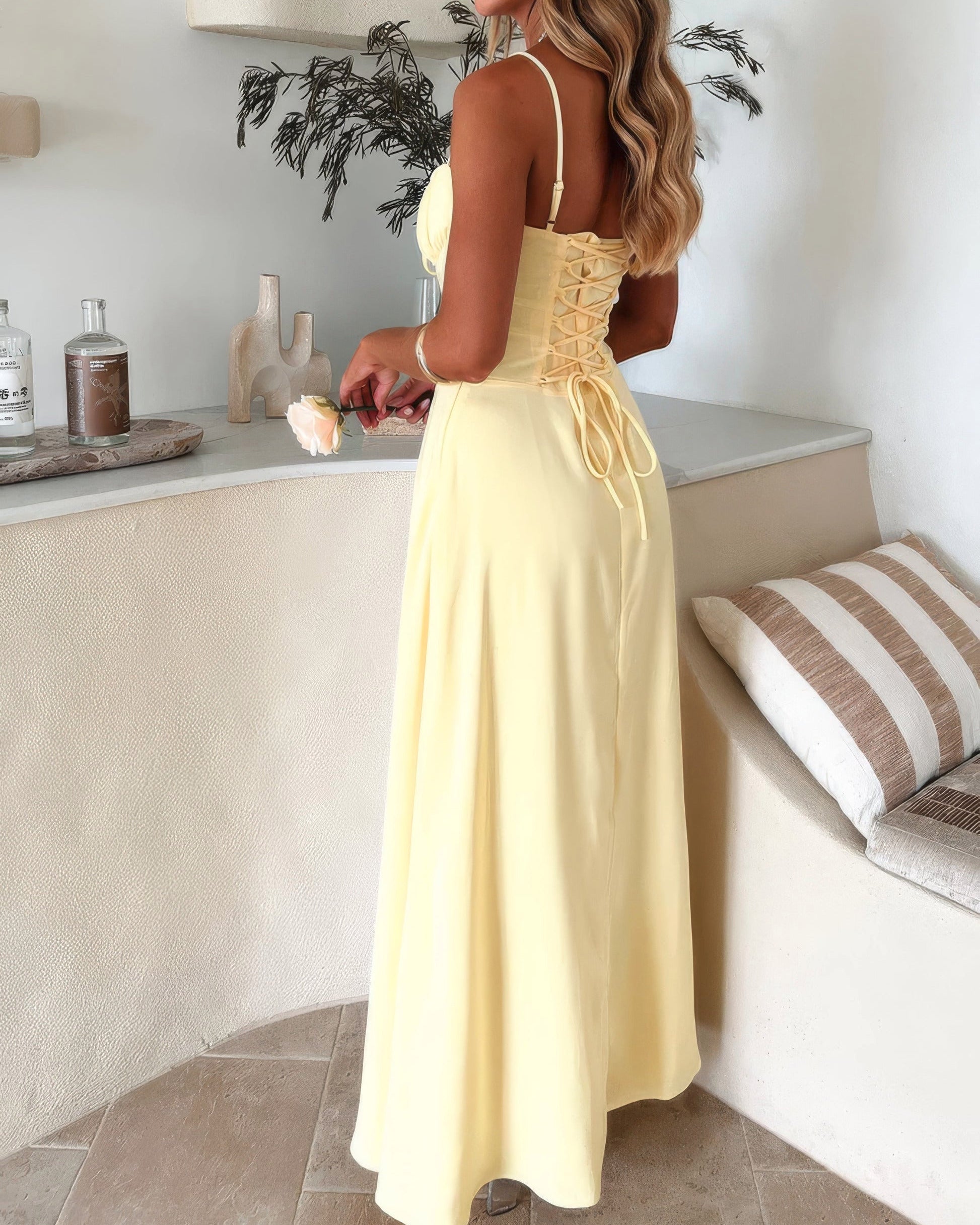 Damen Maxikleid Herzausschnitt Spaghettiträger rückenfrei A-Linie – Partykleid für sommerliche Anlässe | Cora