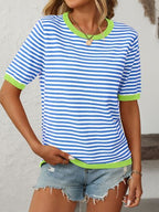 Damen T-Shirt Kurzarm Streifen Strick Rundhals – lässig & vielseitig kombinierbar | Anna