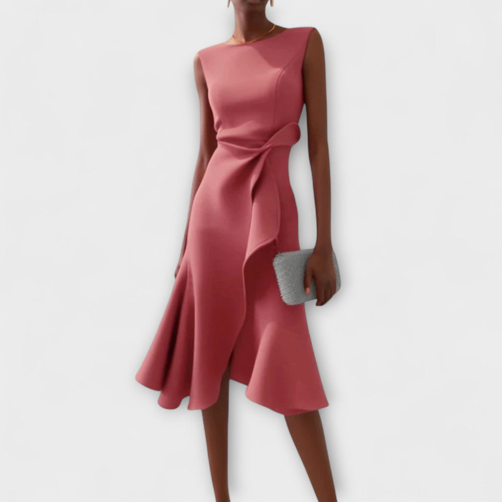 Damen Midikleid trägerlos asymmetrisch Drapierung – elegant für Hochzeitsgast und Abend | Reina