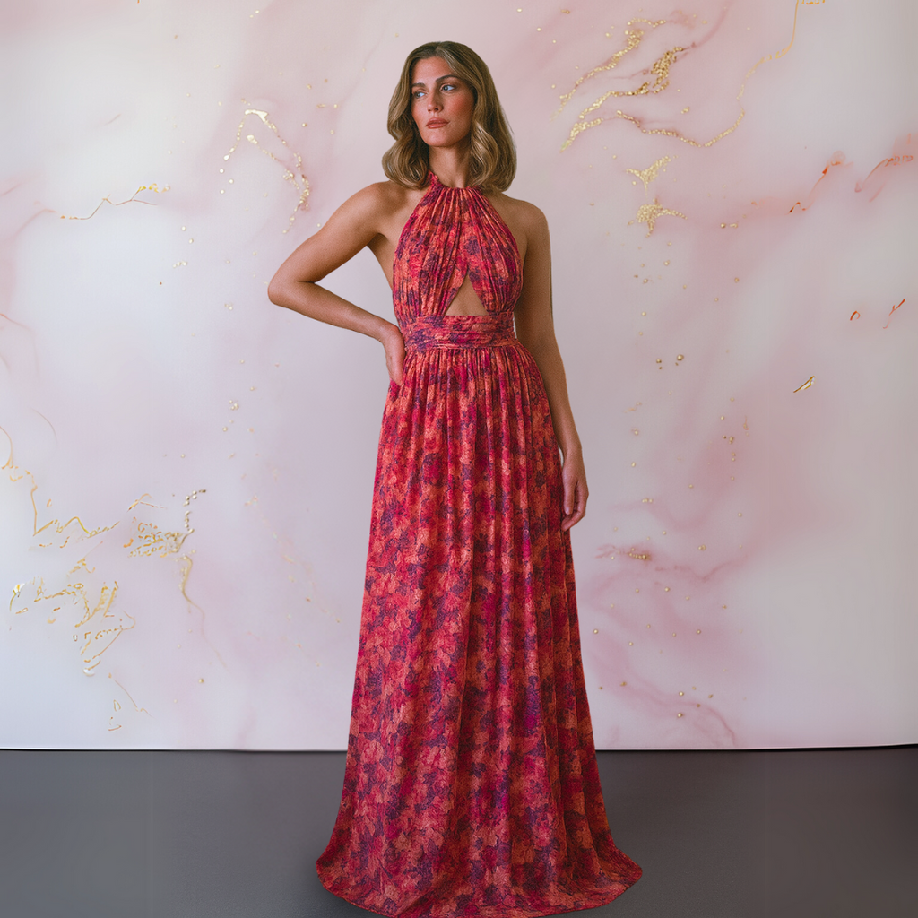 Damen Maxikleid floral rückenfrei fließend – romantischer Sommerlook für Gartenpartys und Urlaub | Calla