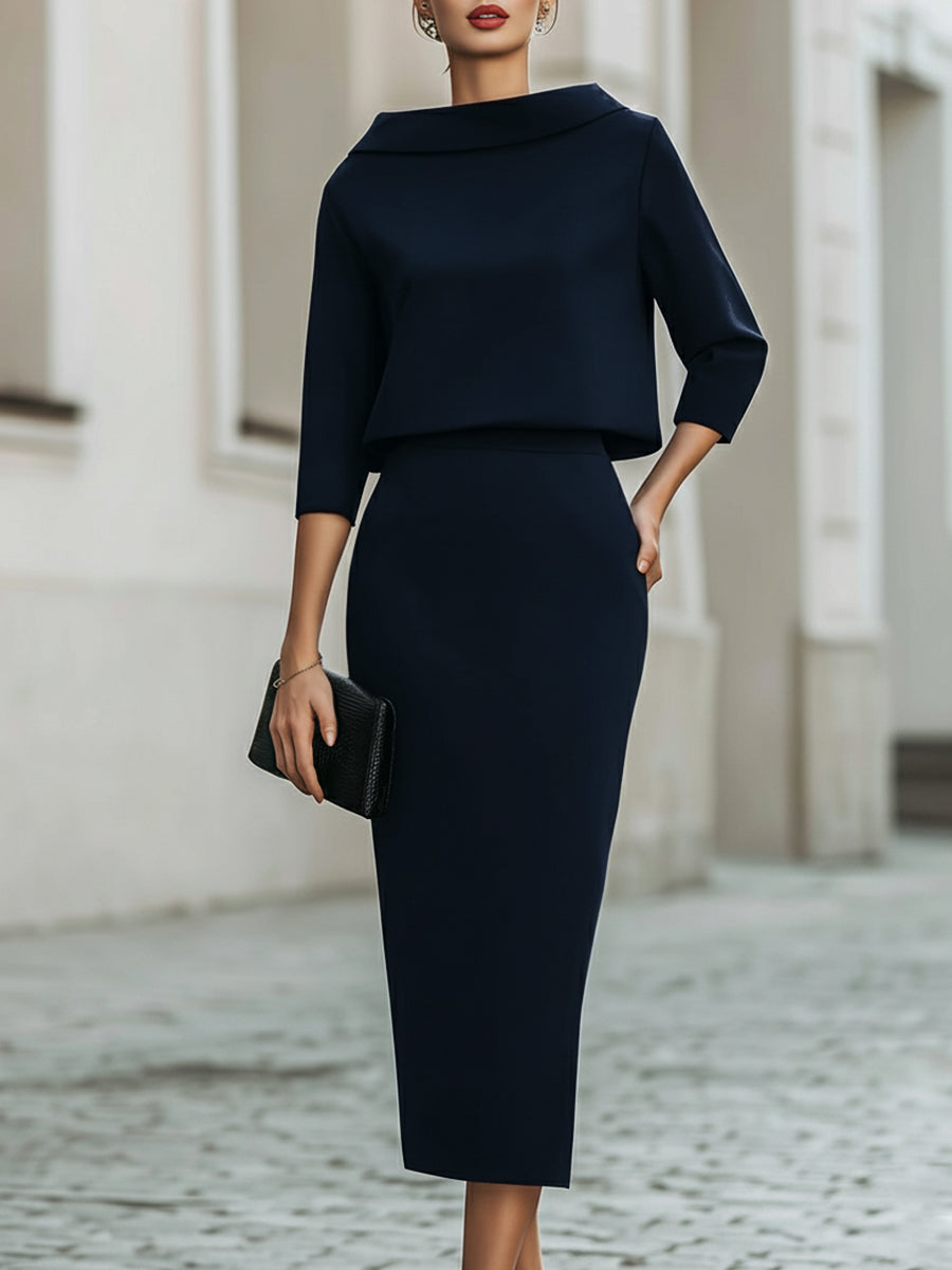 Women's Boat Neck Top and Midi Skirt Set – Three-Quarter Sleeve with Straight Silhouette | Romi