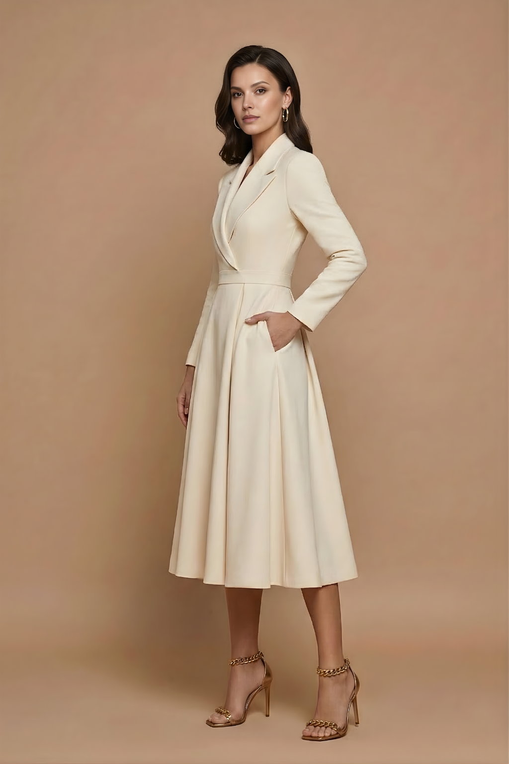 Damen Midikleid A-Linie V-Ausschnitt Reverskragen plissierter Rock Langarm – Büro & Abend | Vela