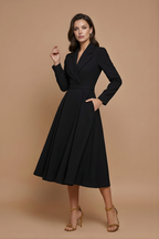 Damen Midikleid A-Linie V-Ausschnitt Reverskragen plissierter Rock Langarm – Büro & Abend | Vela