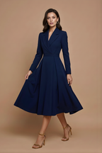 Damen Midikleid A-Linie V-Ausschnitt Reverskragen plissierter Rock Langarm – Büro & Abend | Vela