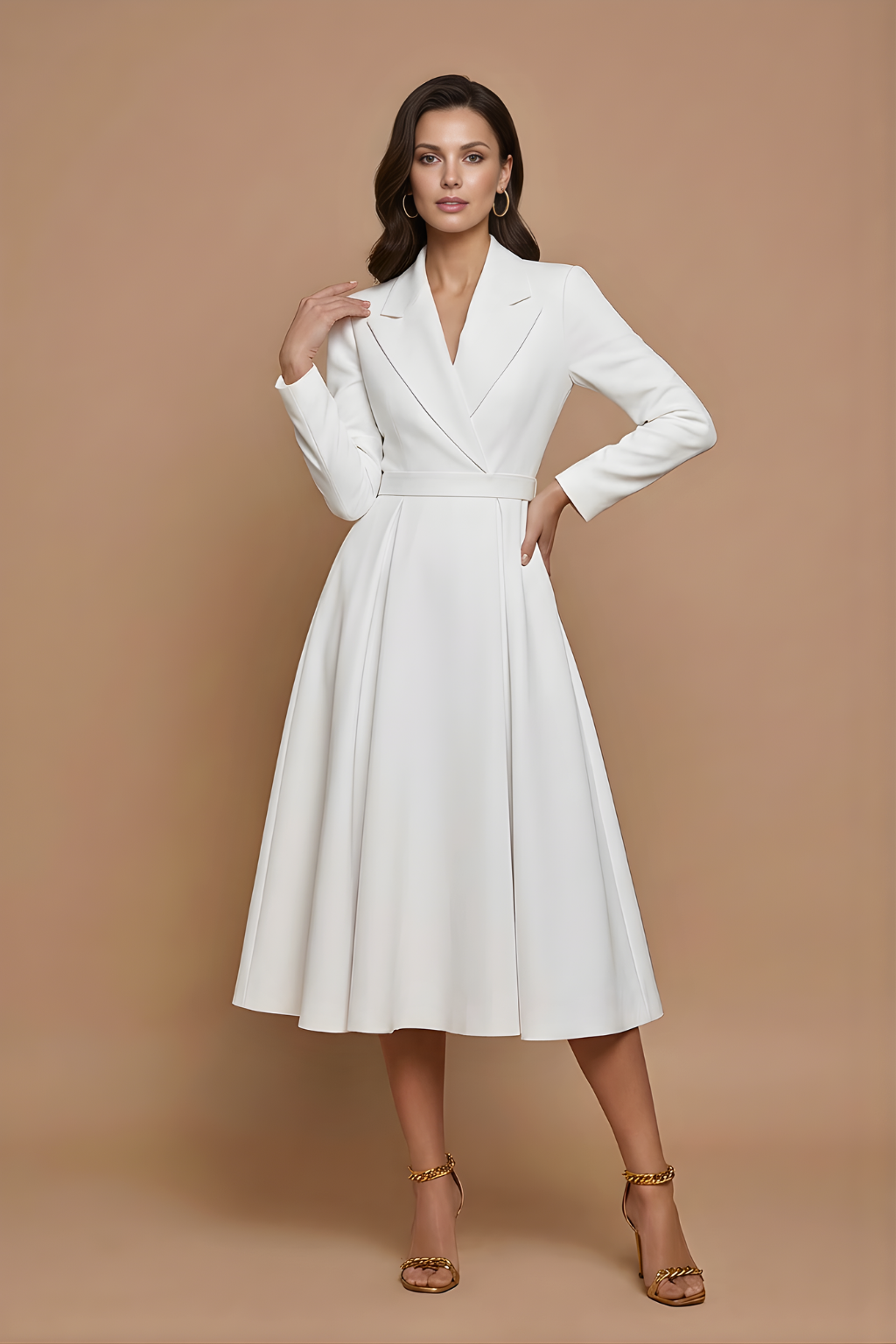 Damen Midikleid A-Linie V-Ausschnitt Reverskragen plissierter Rock Langarm – Büro & Abend | Vela