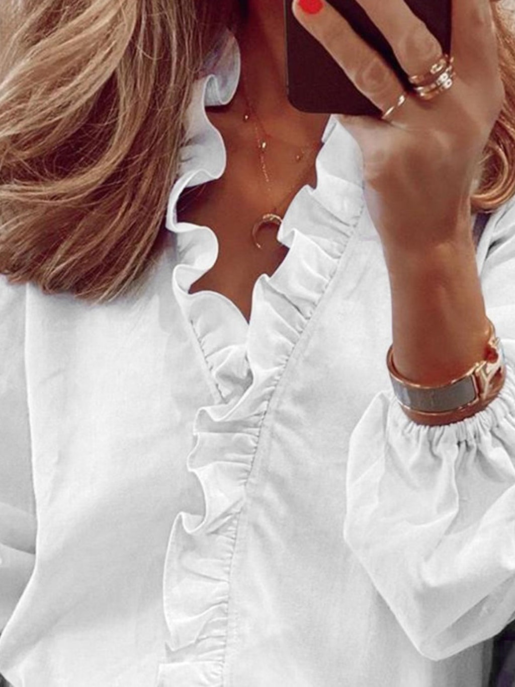 Damen Bluse Langarm V-Ausschnitt mit Rüschen – feminin für Büro & Abend | Lila