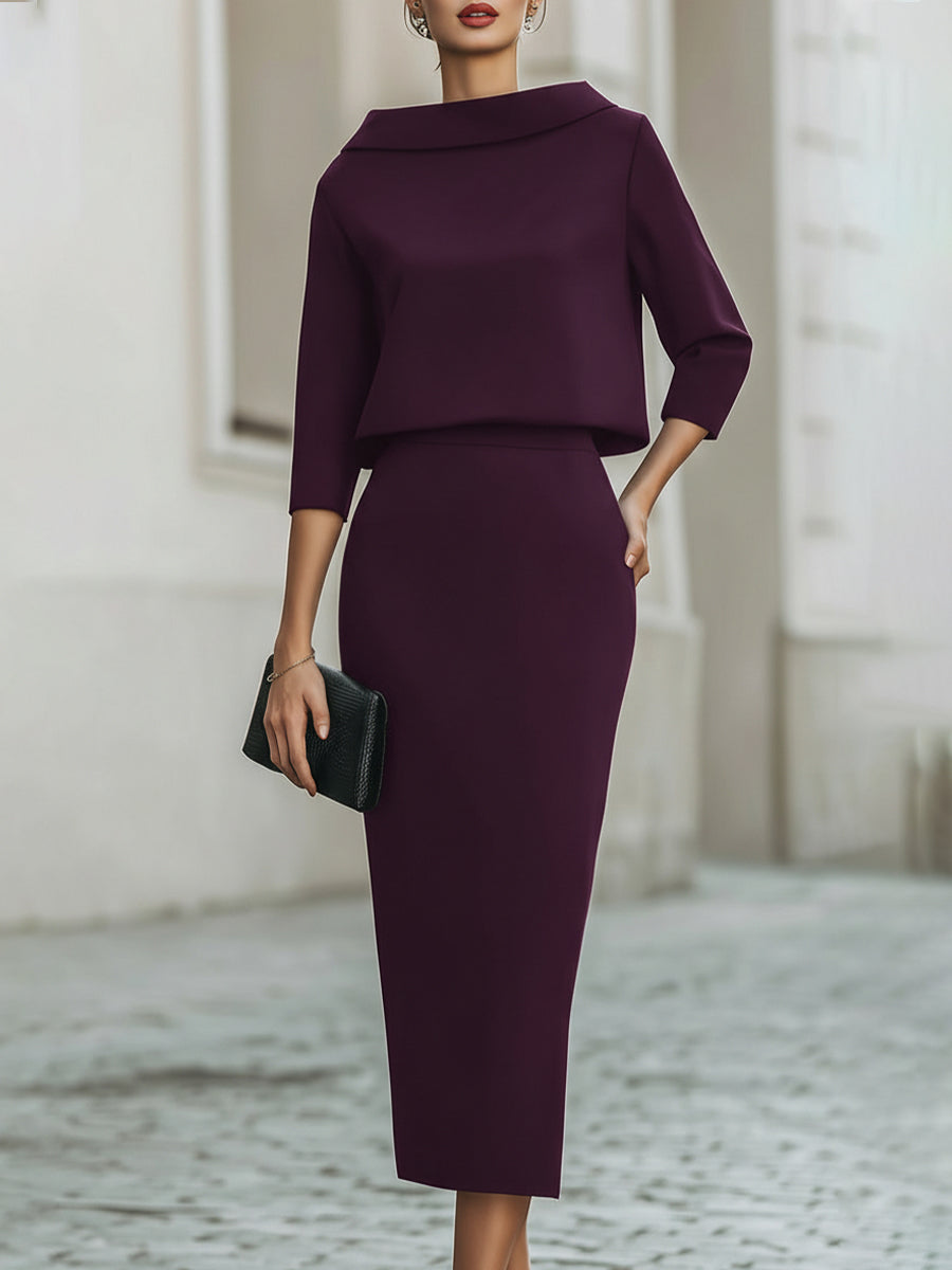 Women's Boat Neck Top and Midi Skirt Set – Three-Quarter Sleeve with Straight Silhouette | Romi