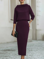 Women's Boat Neck Top and Midi Skirt Set – Three-Quarter Sleeve with Straight Silhouette | Romi