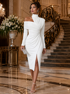 Damen Abendkleid asymmetrisch – Drapiert mit hohem Kragen und einem Schulterdesign | Ornella