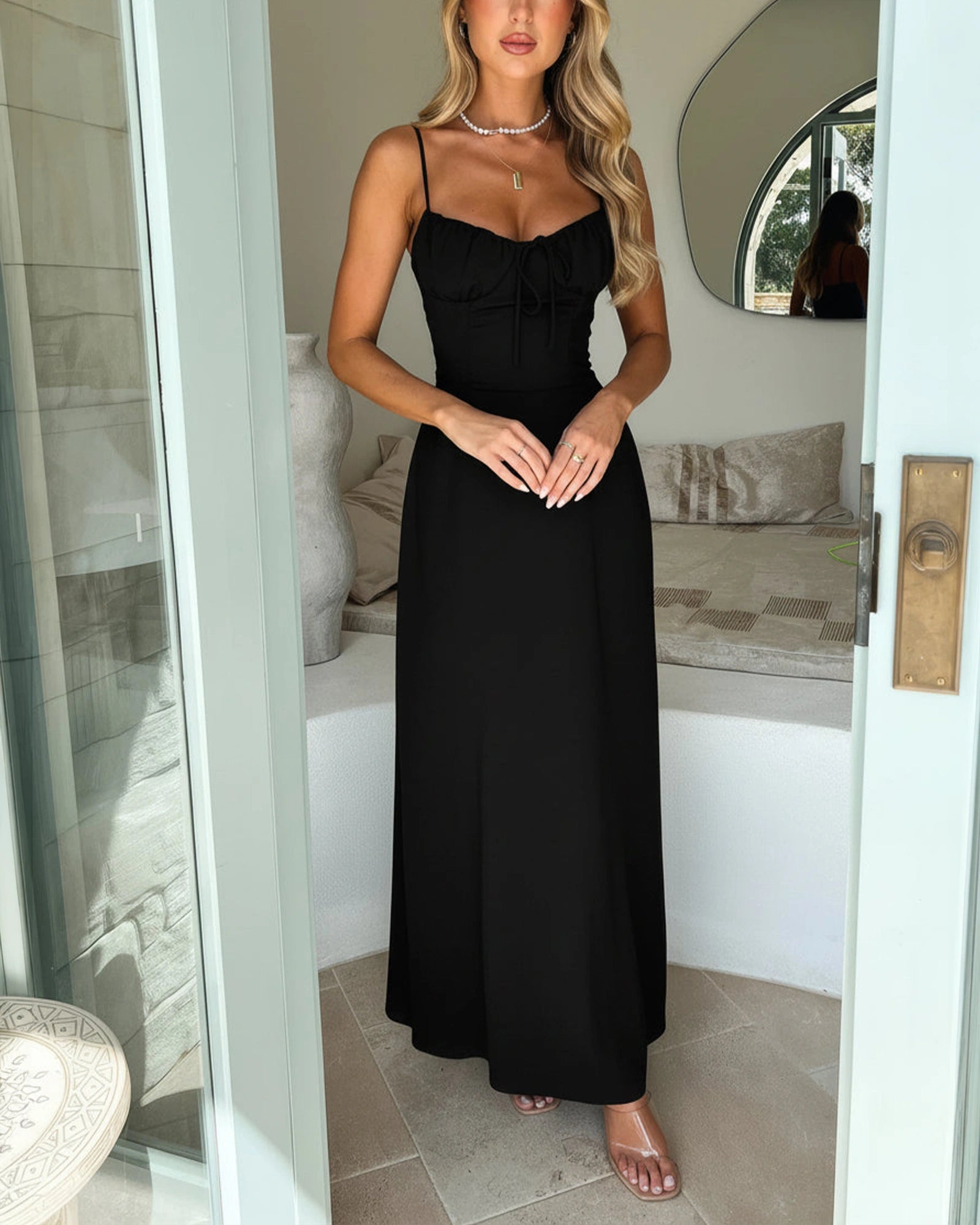Damen Maxikleid Herzausschnitt Spaghettiträger rückenfrei A-Linie – Partykleid für sommerliche Anlässe | Cora