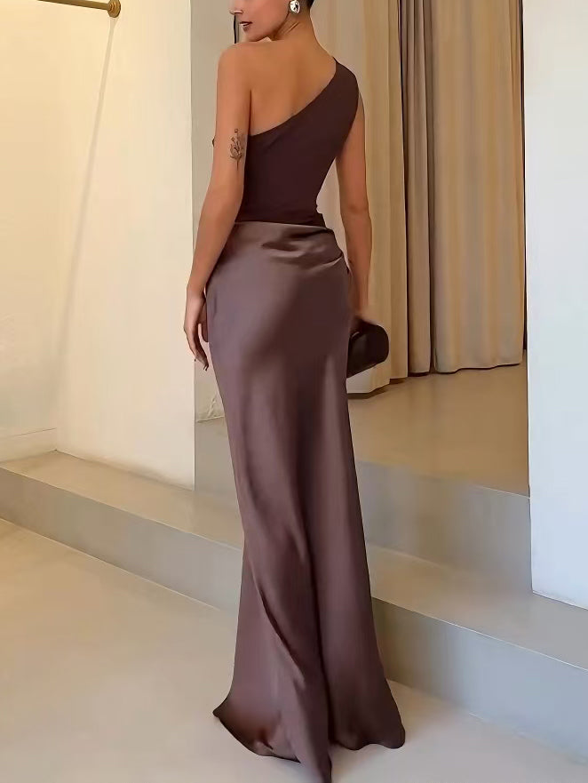 Damen Maxikleid One-Shoulder plissiert fließend – Hochzeit & Gala festlich | Kira