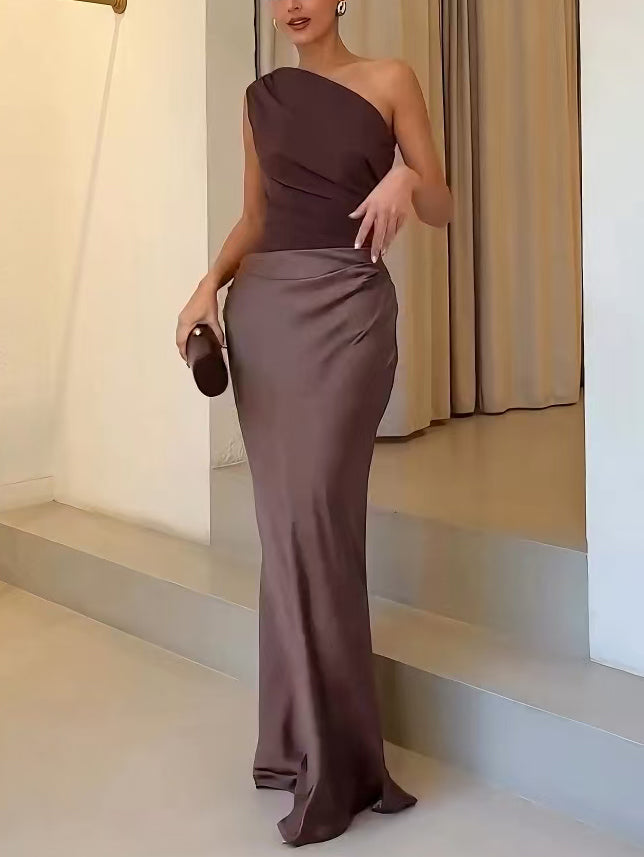 Damen Maxikleid One-Shoulder plissiert fließend – Hochzeit & Gala festlich | Kira