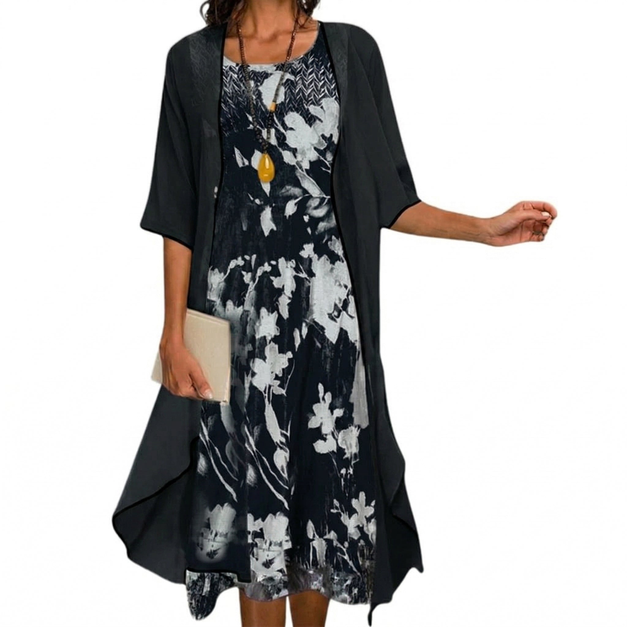 Damen Maxikleid mit Strickjacke Blumen-Set – zweiteilig, festlich | Dina