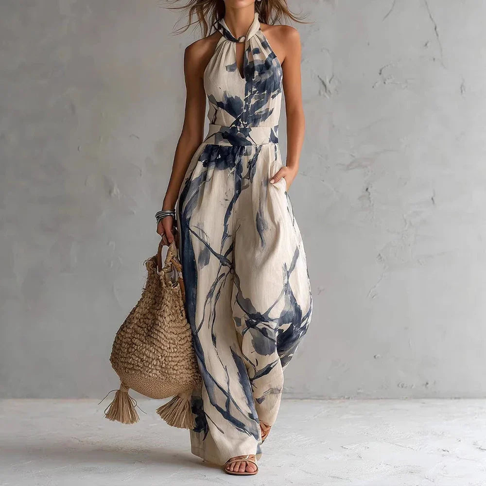 Women's Halter Maxi Dress – High-Waisted Flowy with Artistic Print | Pauline