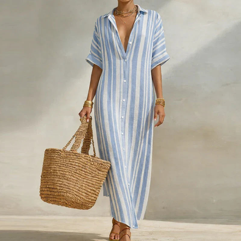 Women's Linen Long Shirt Dress – Striped V-Neck 3/4 Sleeve, Relaxed Fit | Nele