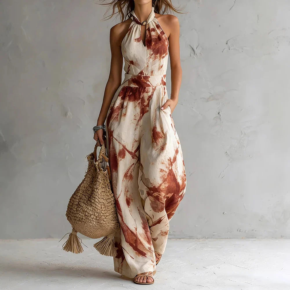 Women's Halter Maxi Dress – High-Waisted Flowy with Artistic Print | Pauline
