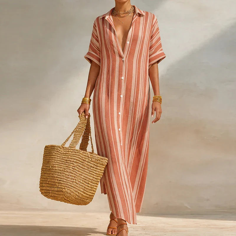Women's Linen Long Shirt Dress – Striped V-Neck 3/4 Sleeve, Relaxed Fit | Nele
