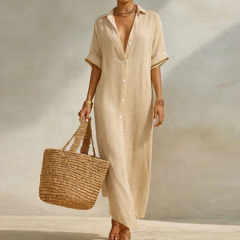 Women's Linen Long Shirt Dress – Striped V-Neck 3/4 Sleeve, Relaxed Fit | Nele