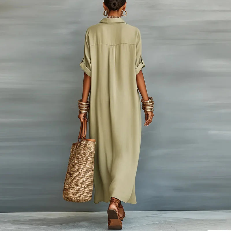 Damen Maxikleid mit Kurzarm und Hemdkragen – Lässig und elegant für Alltag und Freizeit | Theda