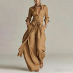 Women's Linen Trouser Set – Open-Collar Shirt & High-Waisted Wide-Leg Pants | Clara