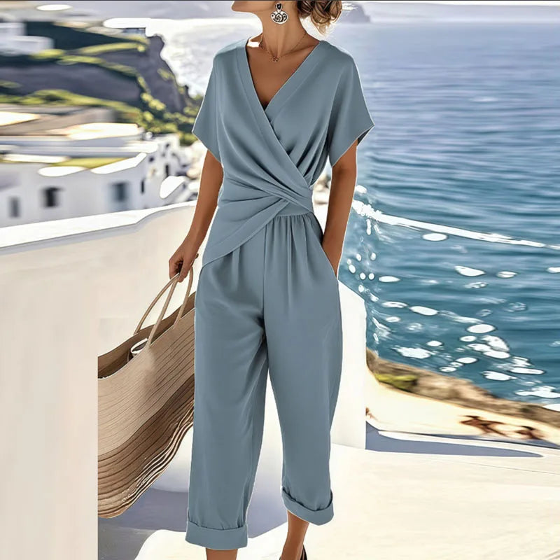 Women's Wrap Top & Cropped Trousers Two-Piece Set – Effortless Elegant Look | Eva
