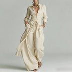 Women's Linen Trouser Set – Open-Collar Shirt & High-Waisted Wide-Leg Pants | Clara