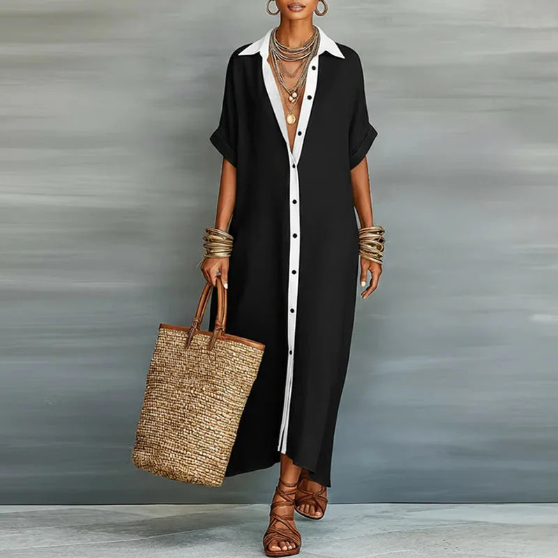 Damen Maxikleid mit Kurzarm und Hemdkragen – Lässig und elegant für Alltag und Freizeit | Theda