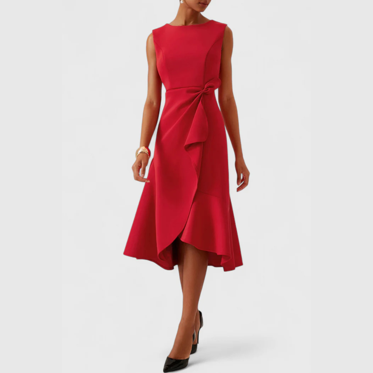 Damen Midikleid trägerlos asymmetrisch Drapierung – elegant für Hochzeitsgast und Abend | Reina