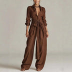 Women's Linen Trouser Set – Open-Collar Shirt & High-Waisted Wide-Leg Pants | Clara