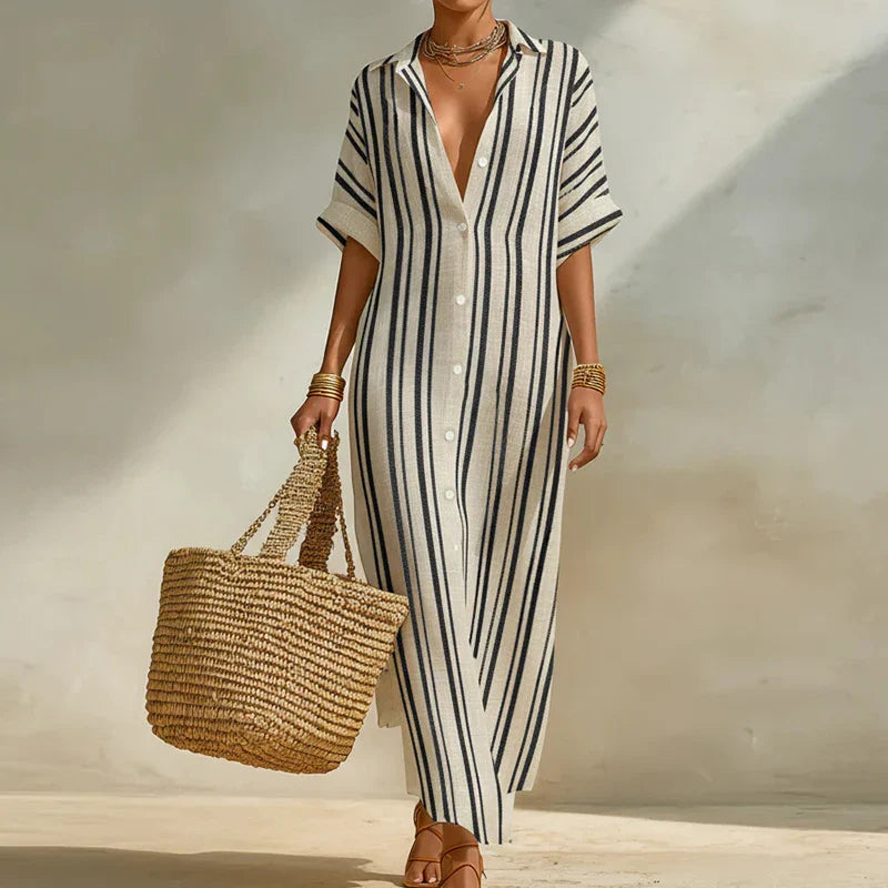 Women's Linen Long Shirt Dress – Striped V-Neck 3/4 Sleeve, Relaxed Fit | Nele