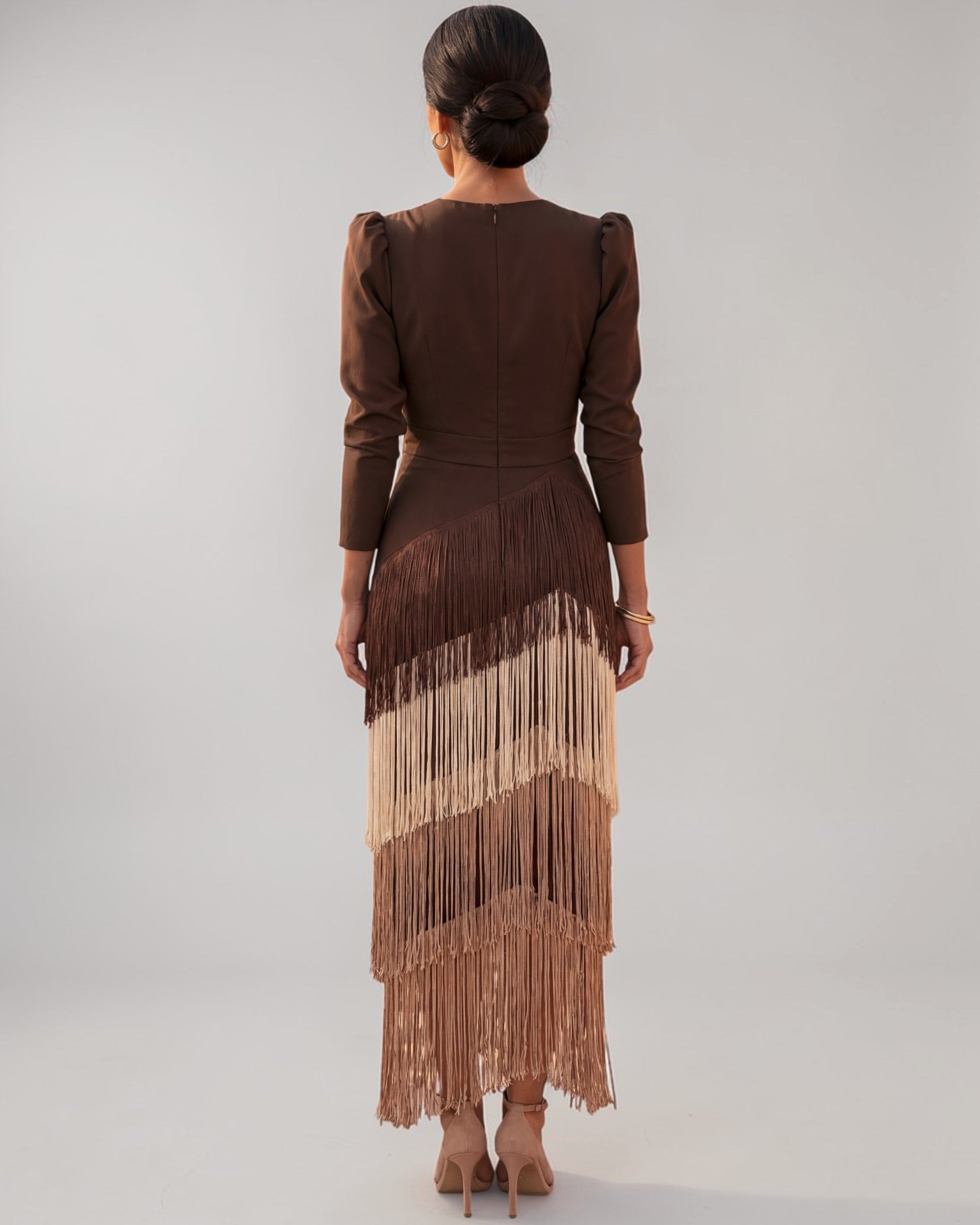 Women's V-Neck Draped Fringe Maxi Dress – Elegant Party Dress for Spec – Lamiano