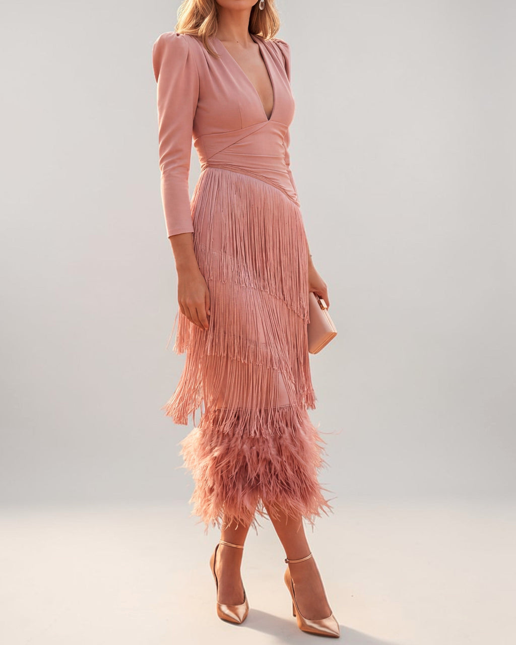 Damen Maxikleid V-Ausschnitt Drapierung Fransen – Elegantes Partykleid für festliche Anlässe | Saoirse